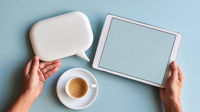 Hands holding a tablet with an abstract speech bubble interface beside a coffee cup, digital communication, business messaging, online collaboration, workplace technology,