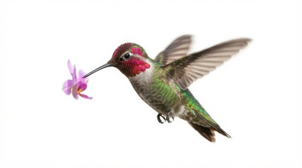 Obraz premium Hummingbird hovering and feeding on a small pink flower