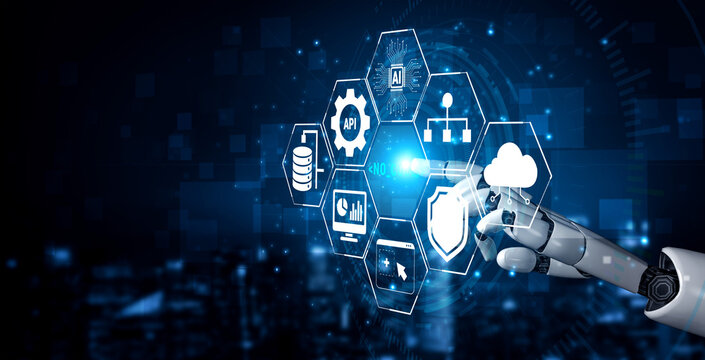 Futuristic Robot Hand Interacting with Digital Interface Representing Technology, Cloud Computing, Artificial Intelligence, and Data Security Concepts Quark.