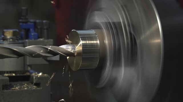 the process of manufacturing a metal part from a brass blank on a CNC lathe using drills and cutting tools