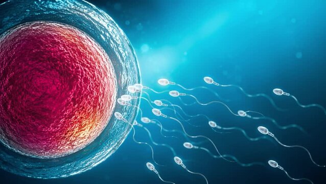 Large human egg fills the left side as sperm cells approach across a blue background. IVF scene represents fertilization, reproductive medicine, female health, infertility care and embryology studies.