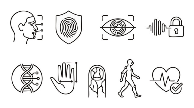 Modern sleek biometric icons set featuring facial recognition, fingerprint scanner, and digital access control, concept for cybersecurity authentication in UI-kit, web-design, and mobile-app