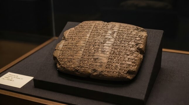 Ancient cuneiform clay tablet displayed in a museum exhibition case