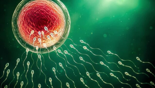 Large human egg cell surrounded by swimming sperm on the green background. IVF fertilization illustrates reproductive medicine, female fertility, conception, embryology, infertility care and research.