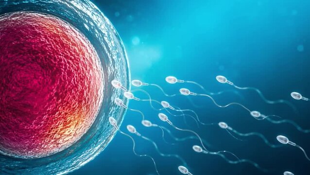 Large human egg fills the left side as sperm cells approach across a blue background. IVF scene represents fertilization, reproductive medicine, female health, infertility care and embryology studies.