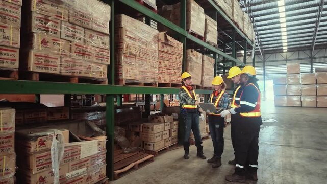 Workers inspect storage area in a warehouse with boxes and pallets during the day