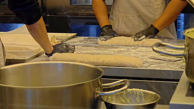 Chef kneading raw bread dough sourdough, Bakery Kitchen Work, Italian Food Preparation, Pastry Making	