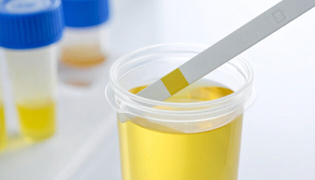 Urine Test Strip in Sample Cup: A close-up view of a urine sample in a sterile cup, with a diagnostic test strip submerged to detect potential health indicators. A medical examination in progress.