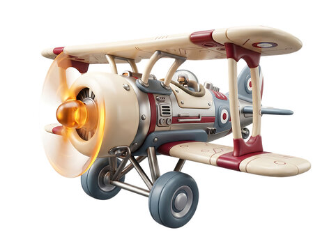 Vintage biplane toy with glowing propeller isolated on transparent background