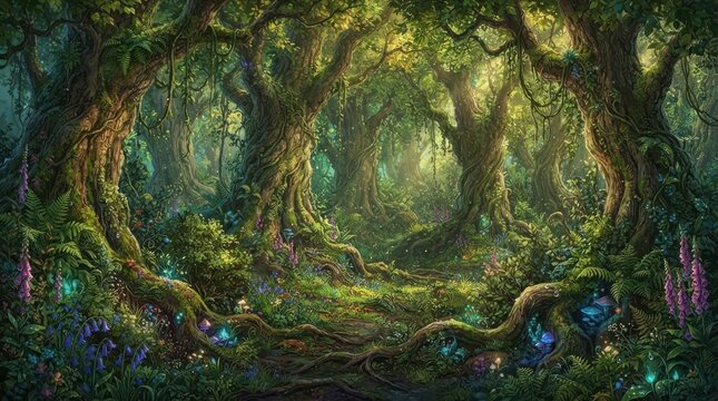 Enchanted dense forest with ancient trees and glowing flora