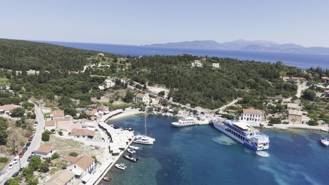 Fiskardo, Kefalonia, Greece, aerial drone view,