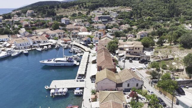 Fiskardo, Kefalonia, Greece, aerial drone view,