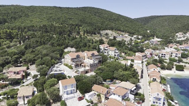 Fiskardo, Kefalonia, Greece, aerial drone view,
