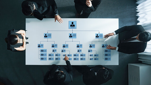 Business professionals engage in a strategic discussion about organizational structure using a flowchart displayed on a table in a modern office setting. Trope