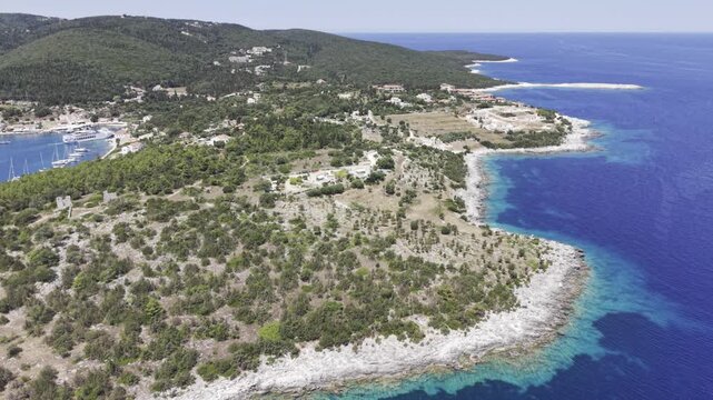 Fiskardo, Kefalonia, Greece, aerial drone view,