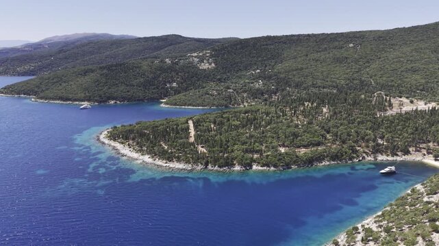 Fiskardo, Kefalonia, Greece, aerial drone view,