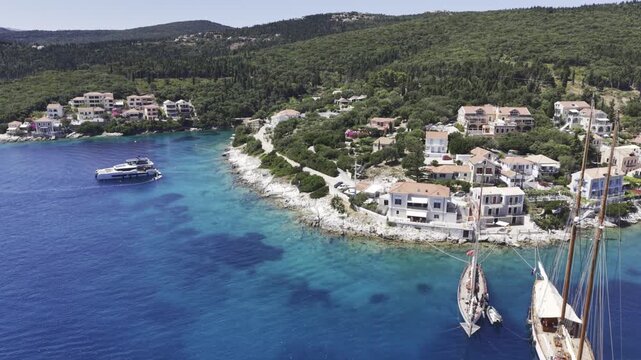Fiskardo, Kefalonia, Greece, aerial drone view,