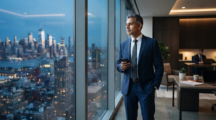 Fototapeta premium Businessman stands in a modern high-rise office looking out at a city skyline during twilight while holding a smartphone to check his emails and prepare for important executive meetings.