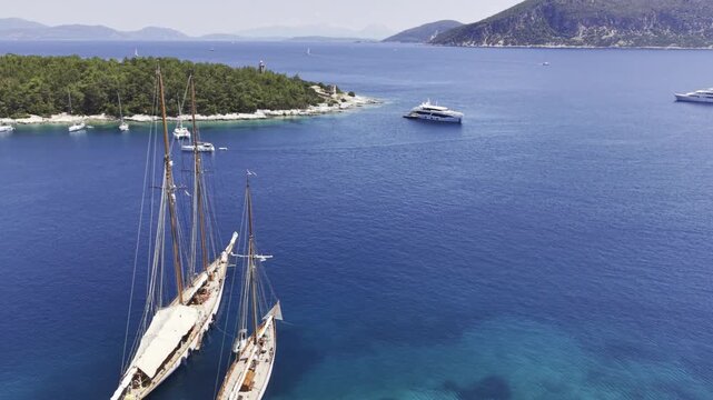 Fiskardo, Kefalonia, Greece, aerial drone view,
