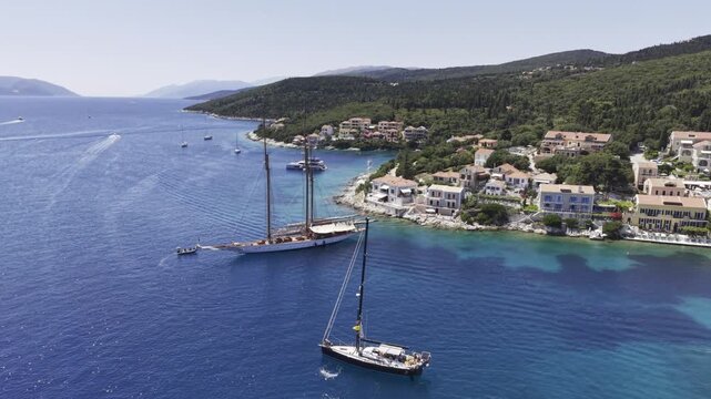 Fiskardo, Kefalonia, Greece, aerial drone view,