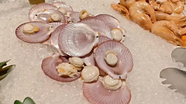 Assortment of prawn shrimp, scallop, crab, and mussels on ice pile, Seafood Buffet Restaurant, Crustacean Fish Animal, Premium Gourmet Dining, Elegant Platter Presentation, Slow Motion Panning