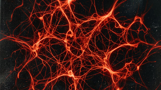 Abstract red glowing neural network texture on a dark grainy background