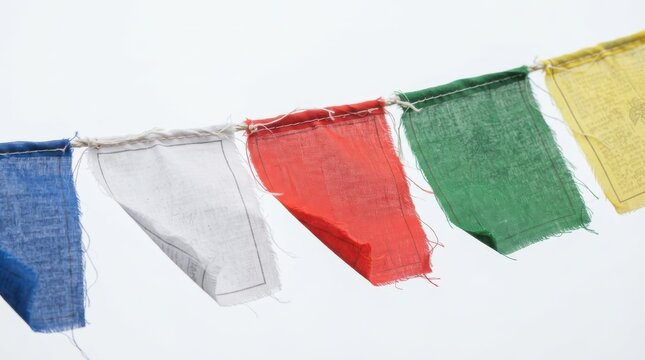 Colorful Tibetan prayer flags hanging on a string outdoors
