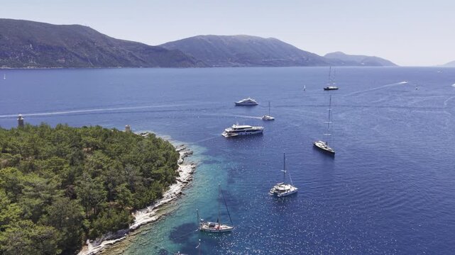 Fiskardo, Kefalonia, Greece, aerial drone view,