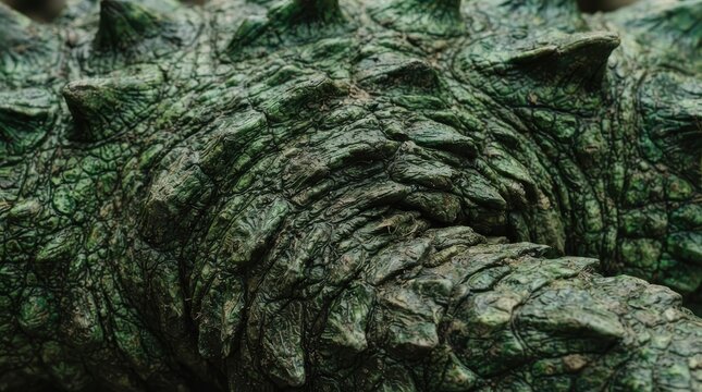 Close-up of rough green alligator skin texture with scales and spikes