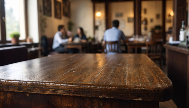 Empty dark wooden table top in a blurred restaurant interior with people sitting