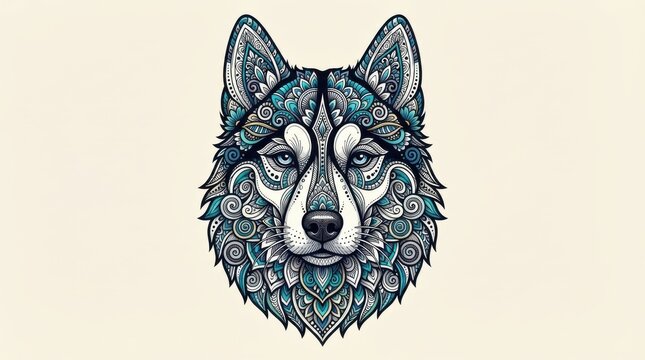 Decorative wolf head illustration with intricate patterns