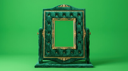 Obraz premium Tufted green velvet mirror frame with ornate gold filigree details stands against solid green background for custom placement.