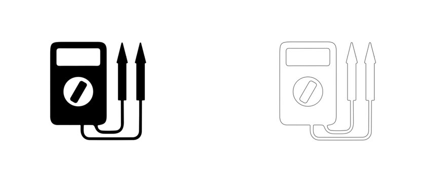 Digital multimeter with probes vector icon filled and outline, voltage tester and circuit continuity symbol.