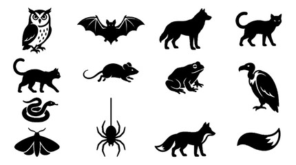 Obraz premium Black And White Vector Illustration Of Mythical And Realistic Cats And Creatures In Halloween Style