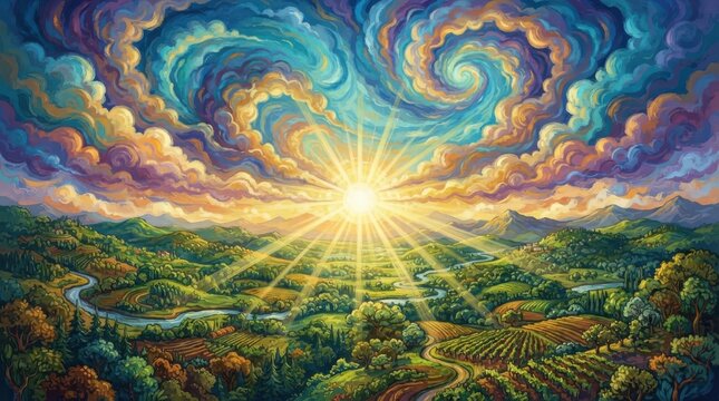 Vibrant landscape with swirling clouds and bright sunburst over rolling hills