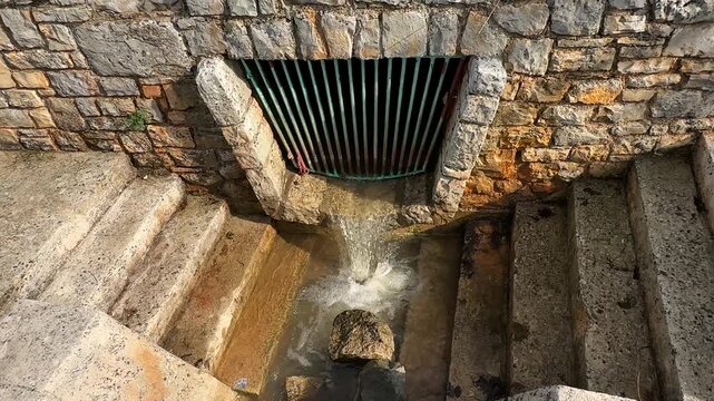 water discharging from a metal drainage grate built into an ancient stone wall structure with stairs on both sides.