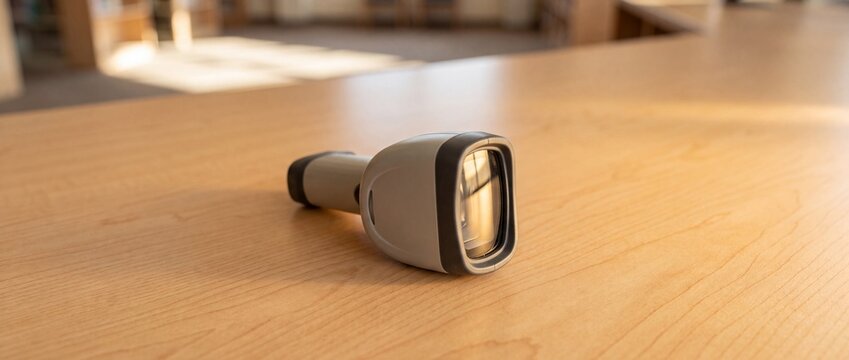 Wireless handheld barcode scanner with gray body and black rubberized grip sits on wooden library desk under warm natural sunlight