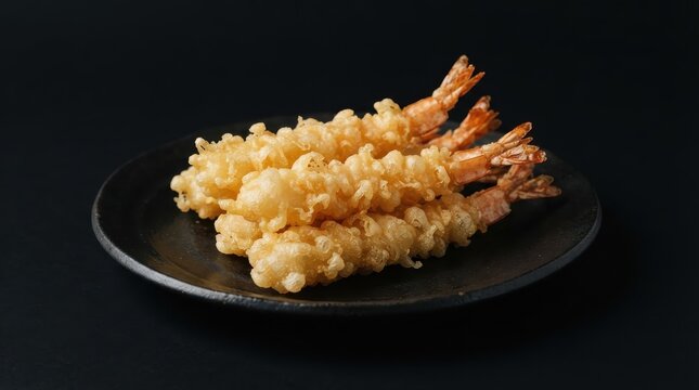 Shrimp tempura served on a dark plate