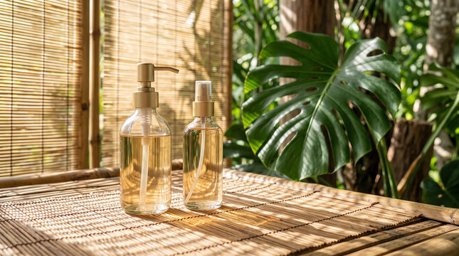 Clear glass cosmetic bottles with gold caps on a bamboo mat in a tropical setting