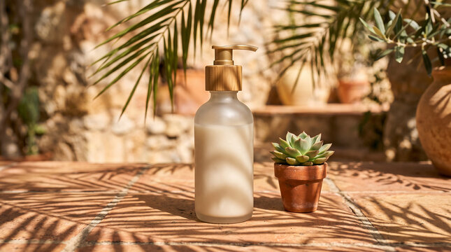 Frosted glass cosmetic bottle with wooden pump and succulent on sunny terracotta tiles