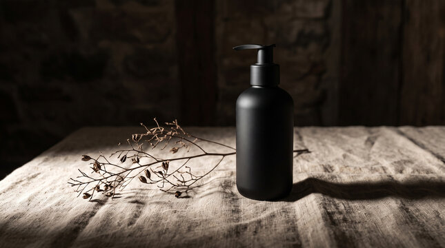Matte black cosmetic bottle with pump and dried plant on rustic wooden table