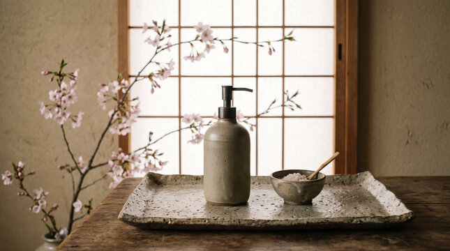 Ceramic soap dispenser and bath salt on tray with cherry blossom and shoji screen