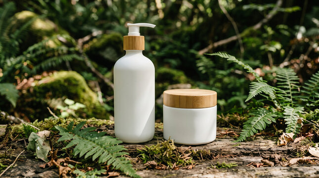 White cosmetic bottles with wooden caps on a mossy log in a green forest