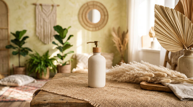 Matte beige cosmetic bottle with wooden pump on a wooden table in a boho interior