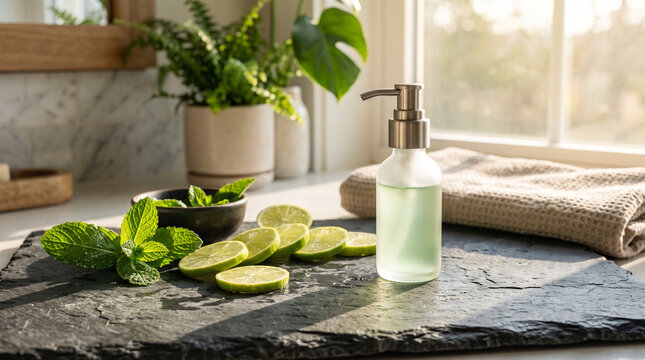Frosted glass cosmetic bottle with fresh mint and lime on a dark slate tray in a sunny bathroom