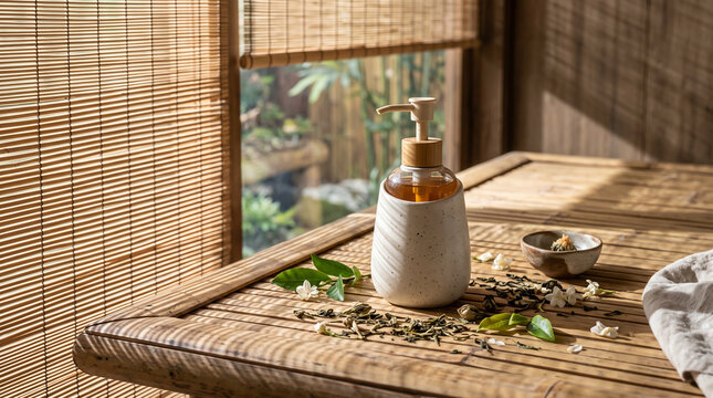 Speckled ceramic soap dispenser with wooden pump and jasmine flowers on bamboo table