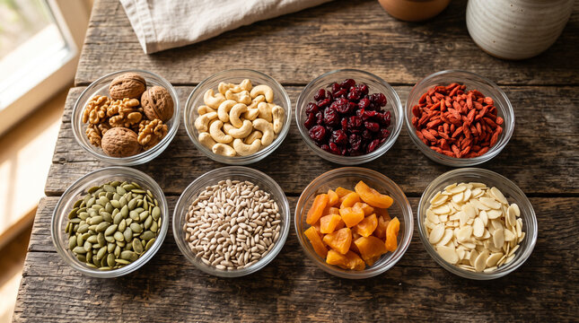 Top view of assorted nuts seeds and dried fruits in glass bowls on wood