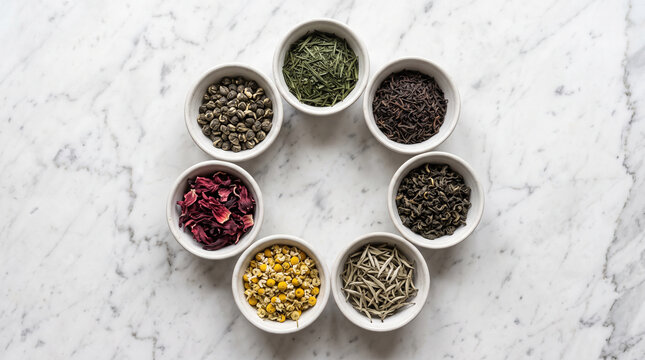 Top view of small white bowls with different loose leaf teas on marble background