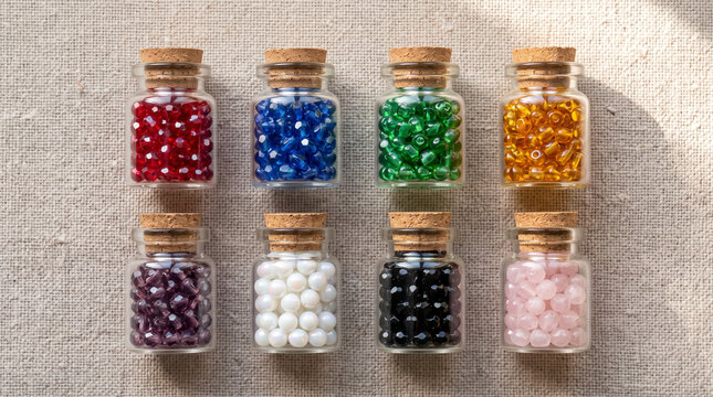 Top view of glass jars with colorful beads and pearls on linen background