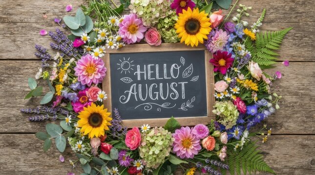 Hello August chalkboard surrounded by colorful flowers on wood